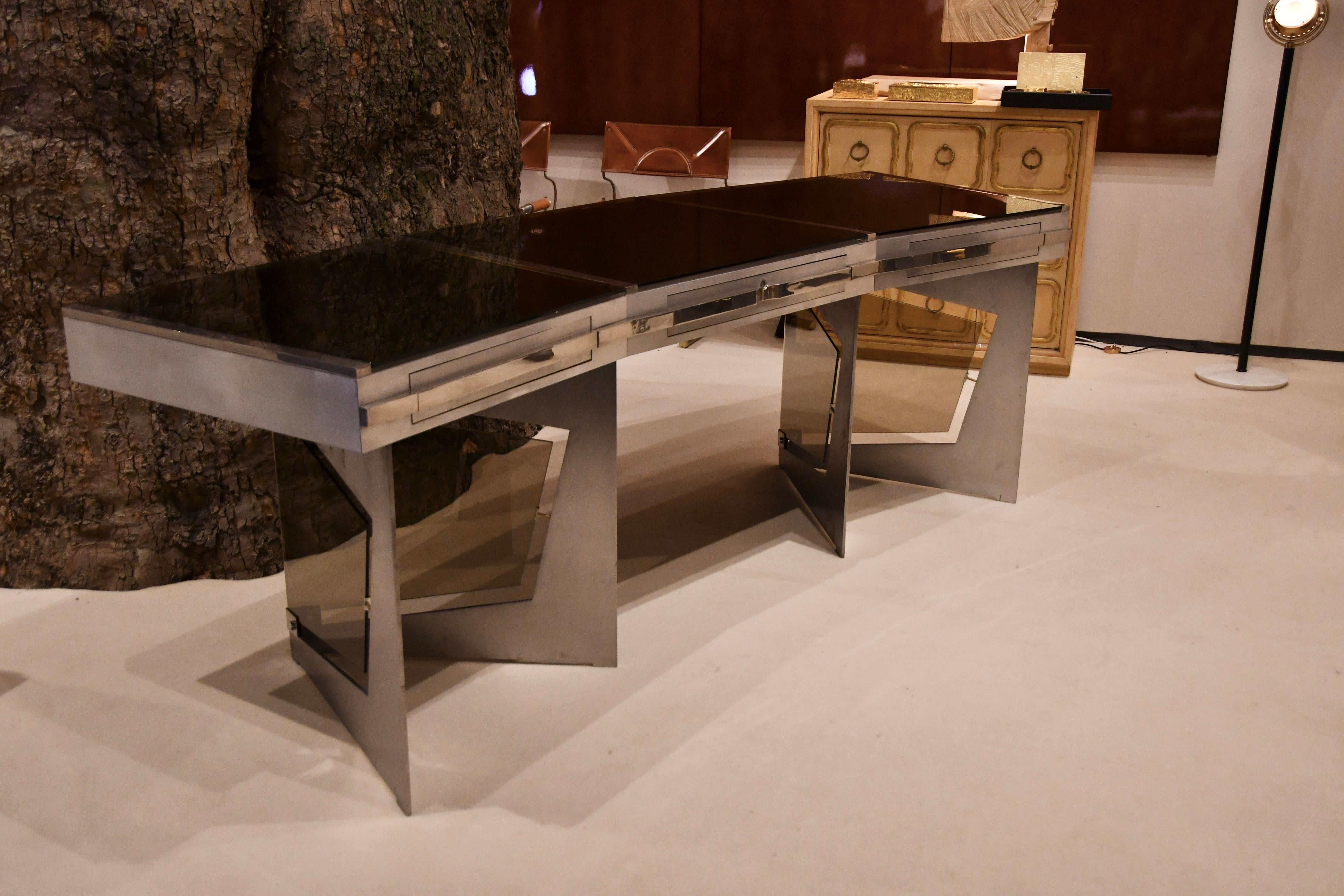 Raymond Cohen Desk, France, 1970s — Steel, Smoked Glass and Inox For Sale 9