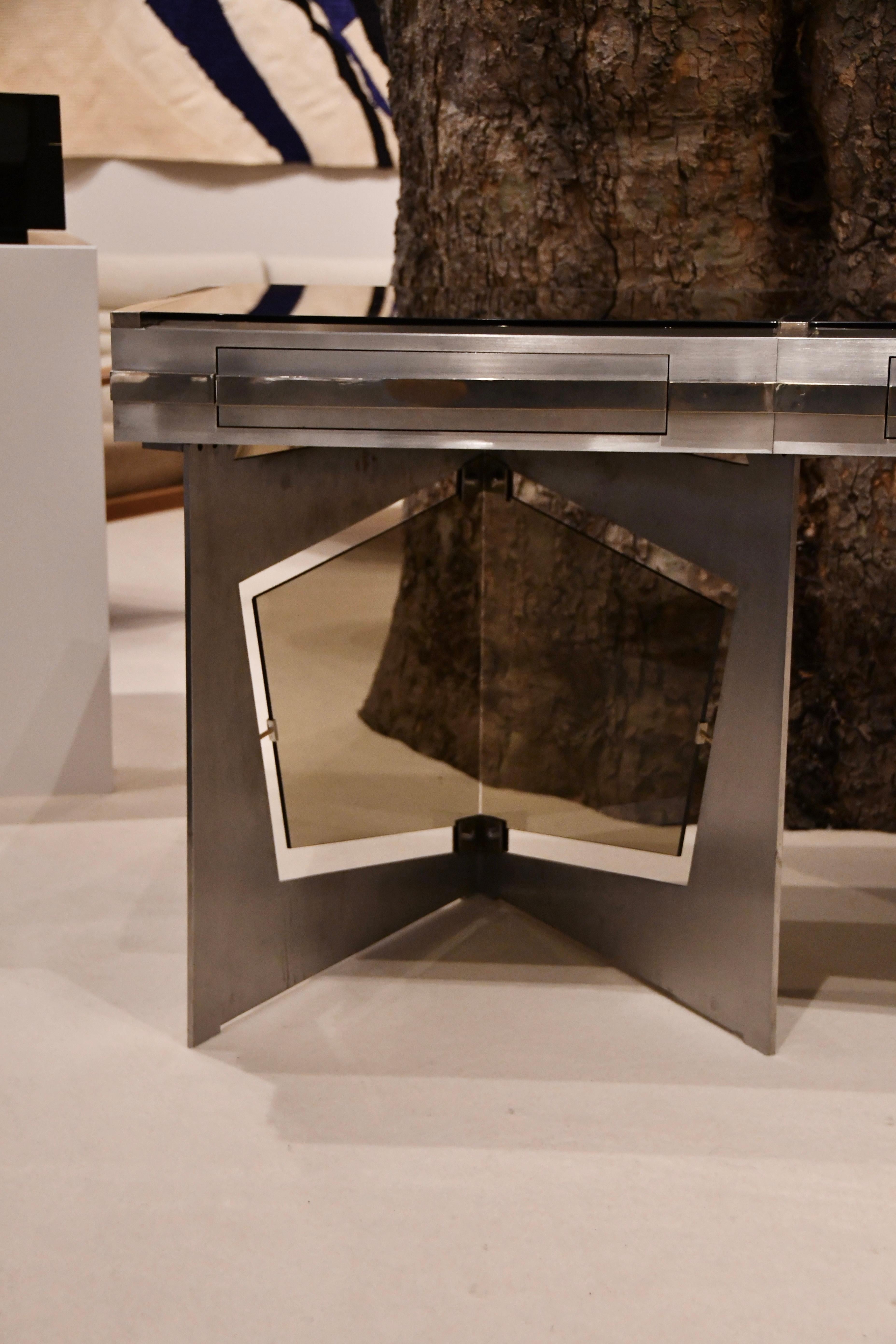 Raymond Cohen Desk, France, 1970s — Steel, Smoked Glass and Inox For Sale 12