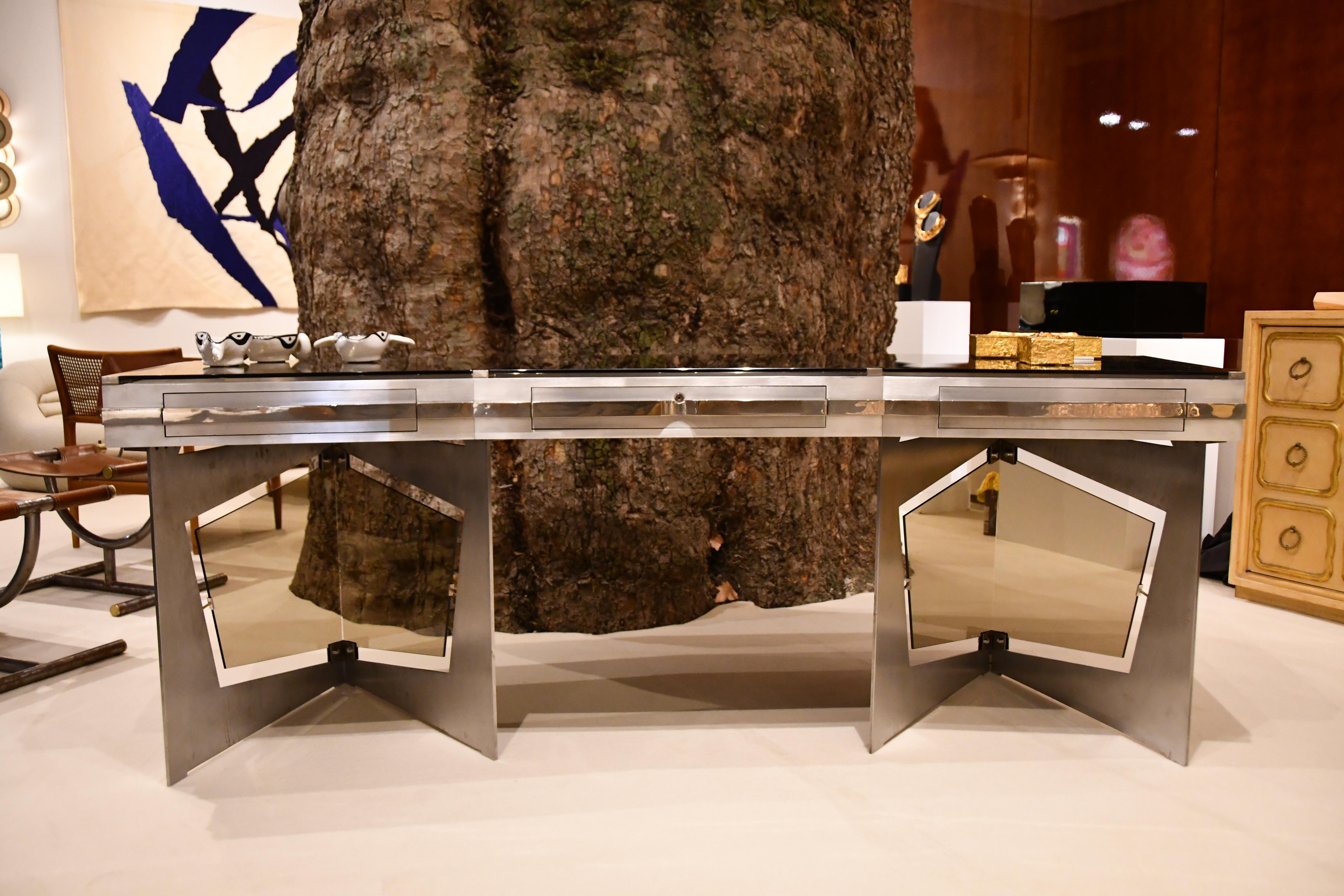French Raymond Cohen Desk, France, 1970s — Steel, Smoked Glass and Inox For Sale