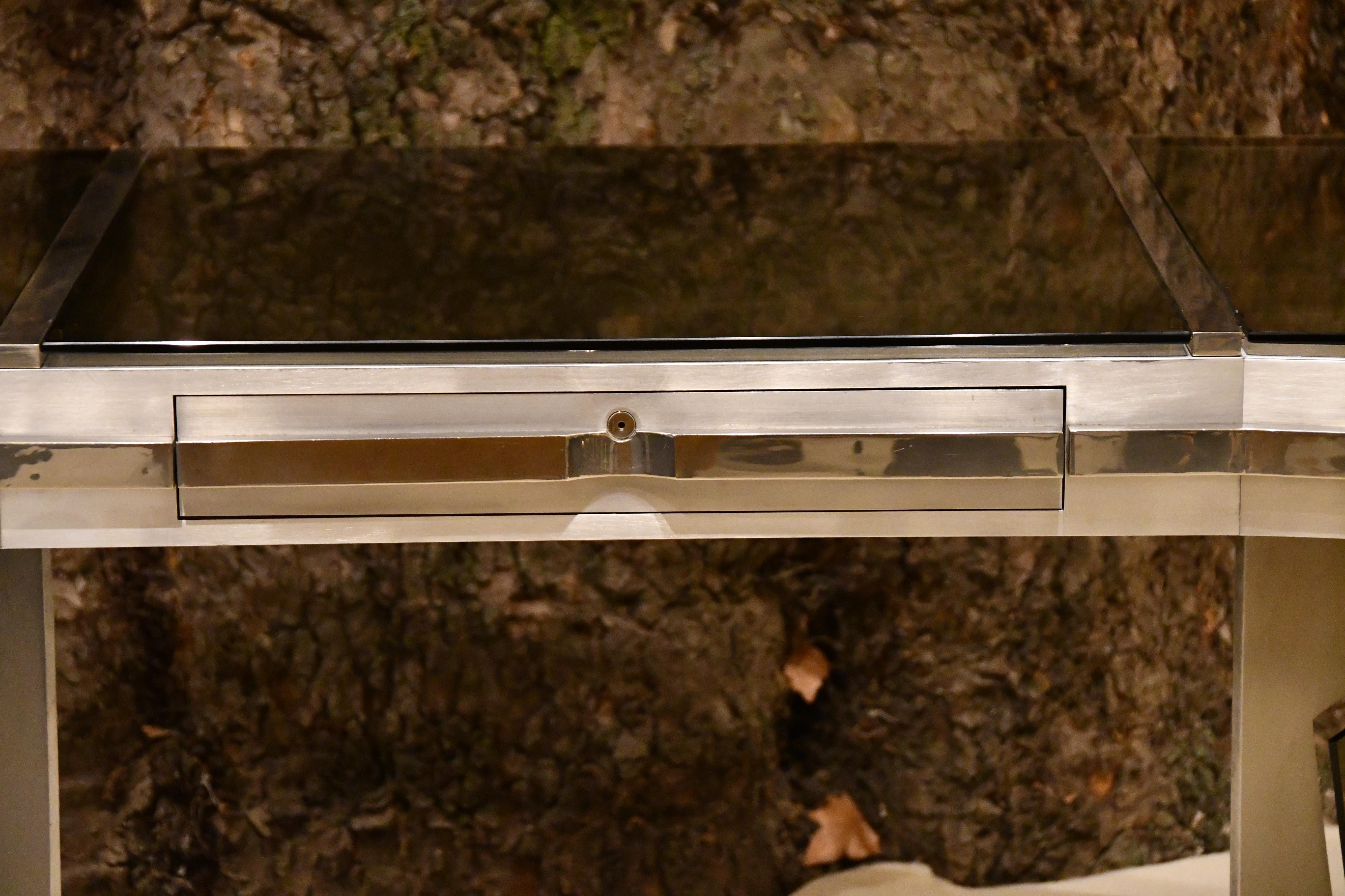 Late 20th Century Raymond Cohen Desk, France, 1970s — Steel, Smoked Glass and Inox For Sale