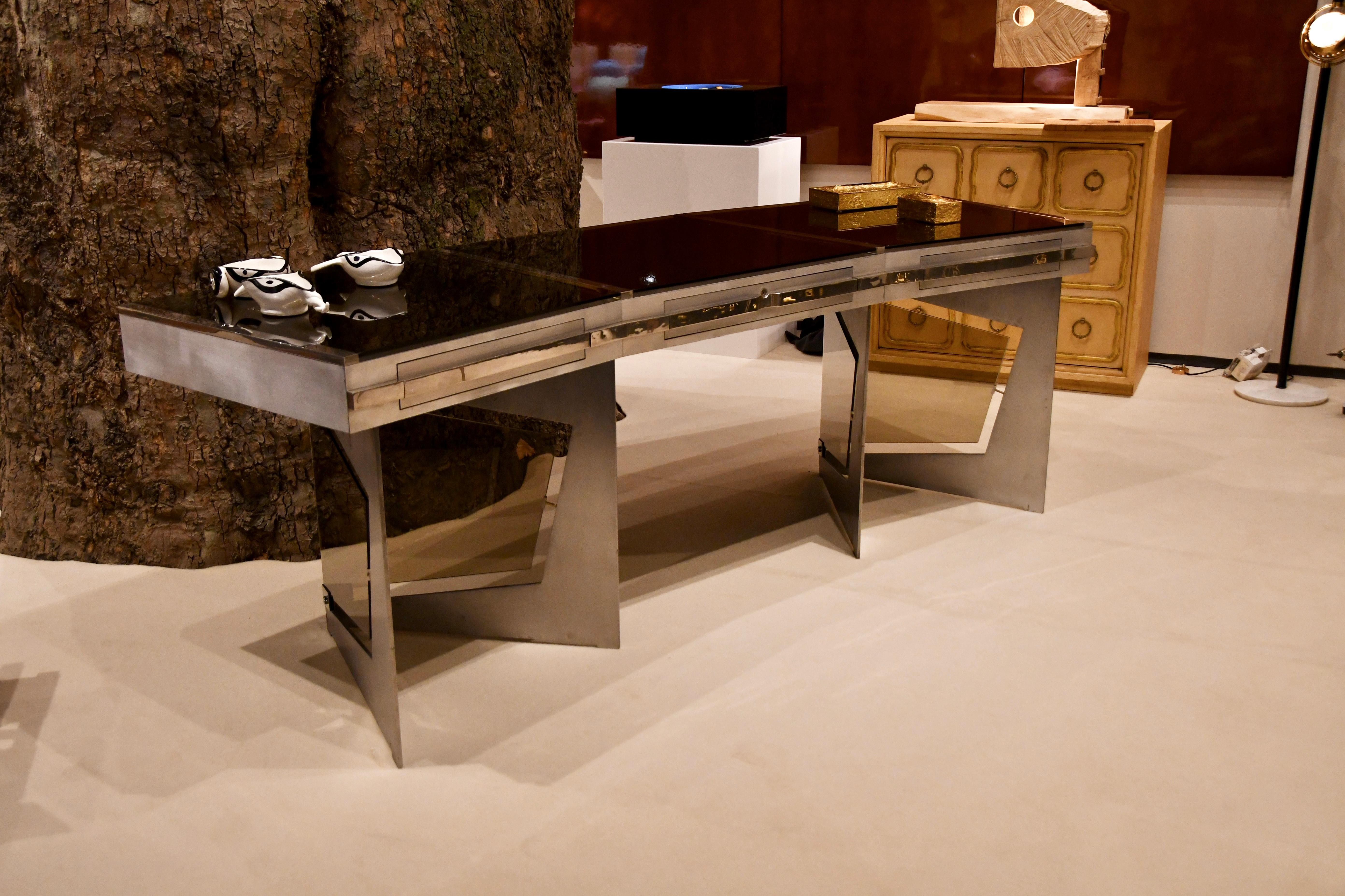 Raymond Cohen Desk, France, 1970s — Steel, Smoked Glass and Inox For Sale 2