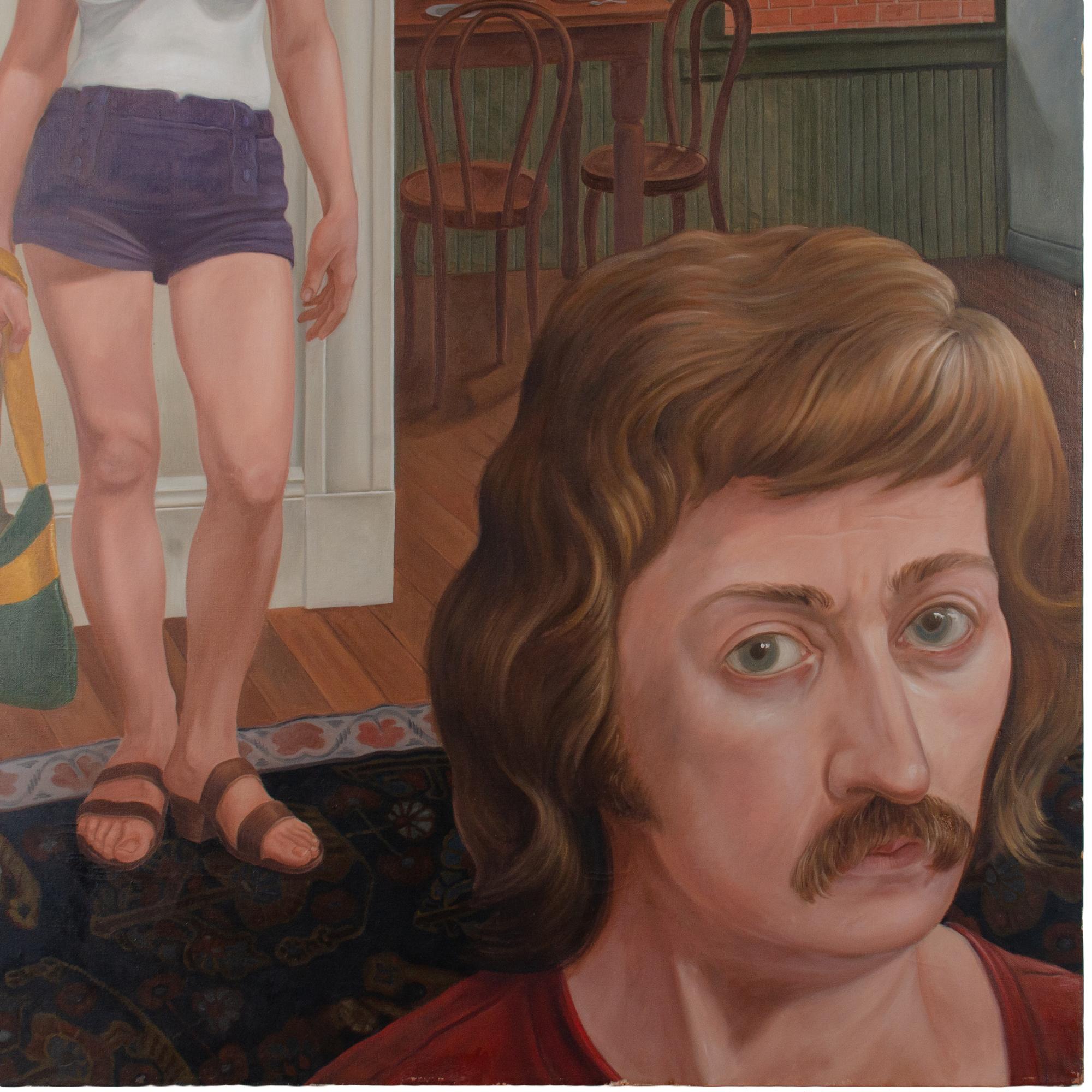 Raymond (Ray) D. Crane

(Massachusetts, né en 1942)

Une grande huile sur toile représentant l'intérieur d'un appartement de Hillside St. à Boston avec une femme et l'autoportrait de l'artiste au premier plan et un voisin effrayant qui observe