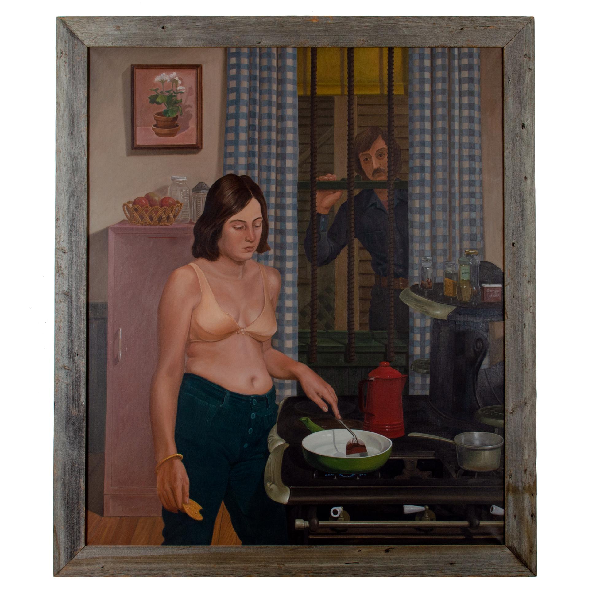 Raymond (Ray) D. Crane

(Massachusetts, né en 1942)

Une grande huile sur toile représentant une scène de cuisine intérieure dans un appartement de Hillside St. à Boston, avec une femme cuisinant dans un intérieur de cuisine, l'artiste étant