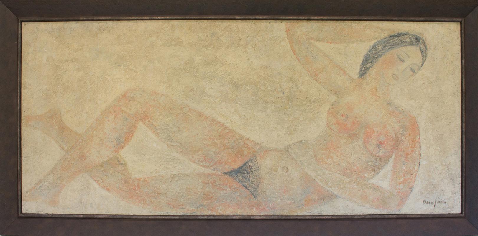 Raymond Dauphin (1910 - 1985), 20th Century French artist.
Mixed media on board painting, signed bottom right corner "Dauphin". Modernist composition with a lot of texture in the material, a mix of plaster with paint used to create the nude model.