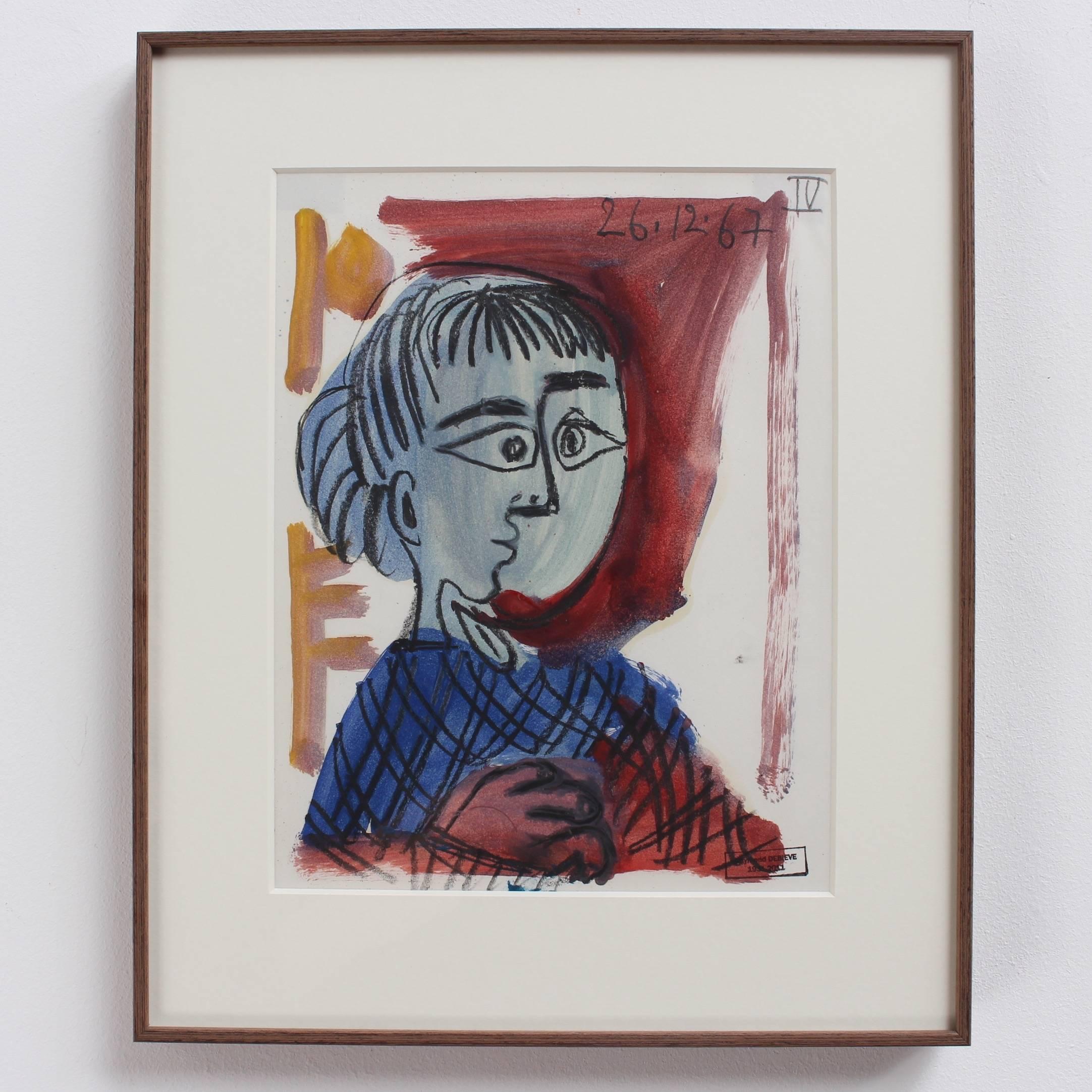 'Portrait of a Child', gouache and crayon on fine paper (1967), by Raymond Dèbieve (1931 - 2011). Here the artist paints a child in red and blue in his post-cubist style. Clearly this is an affectionately-created portrait of someone close to him.