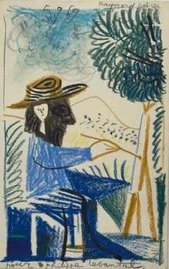 Artist at Work Mixed Media Portrait, 1969, Cubist Style, 8x5