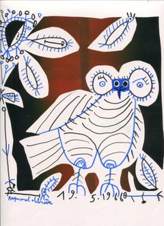 Black and blue owl - Raymond Debiève, unique piece, monotype