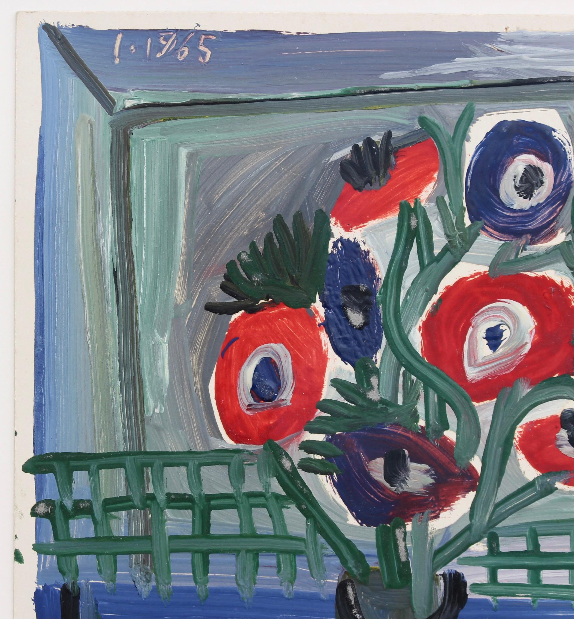 'Boy with Anemones', oil on cardstock paper, by Raymond Debiève (1965). Here the artist paints a young boy having his breakfast with a beautiful bouquet of anemones at the centre of the dining table, in his post-cubist style. Picasso's influence is