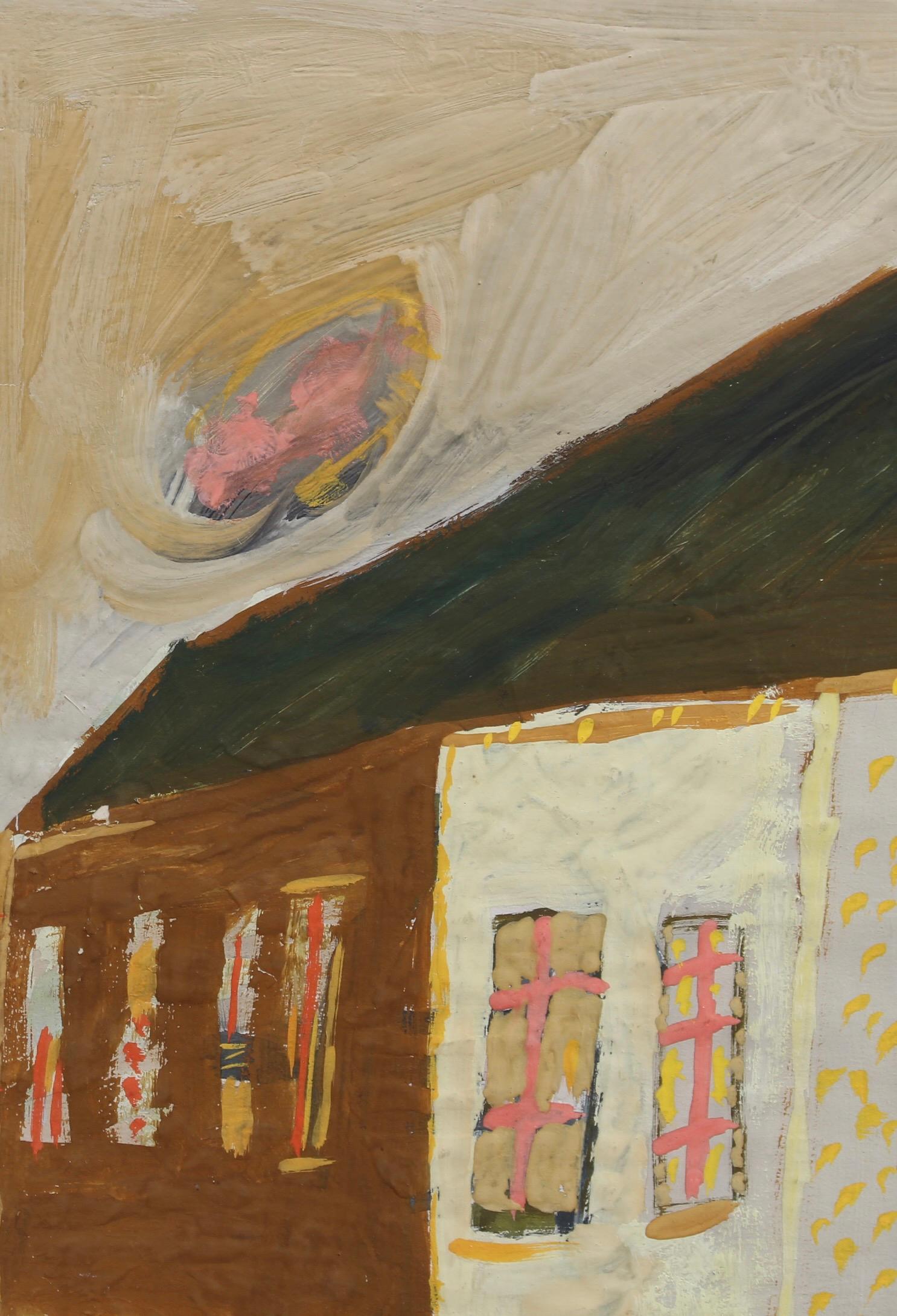 'Café de la Place', gouache on paper, by Raymond Debiève (circa 1970s). A solitary stroller in a small French town crosses the street in front of a café along with his dog. With several tricolour flags fluttering in the breeze, the small Place gives
