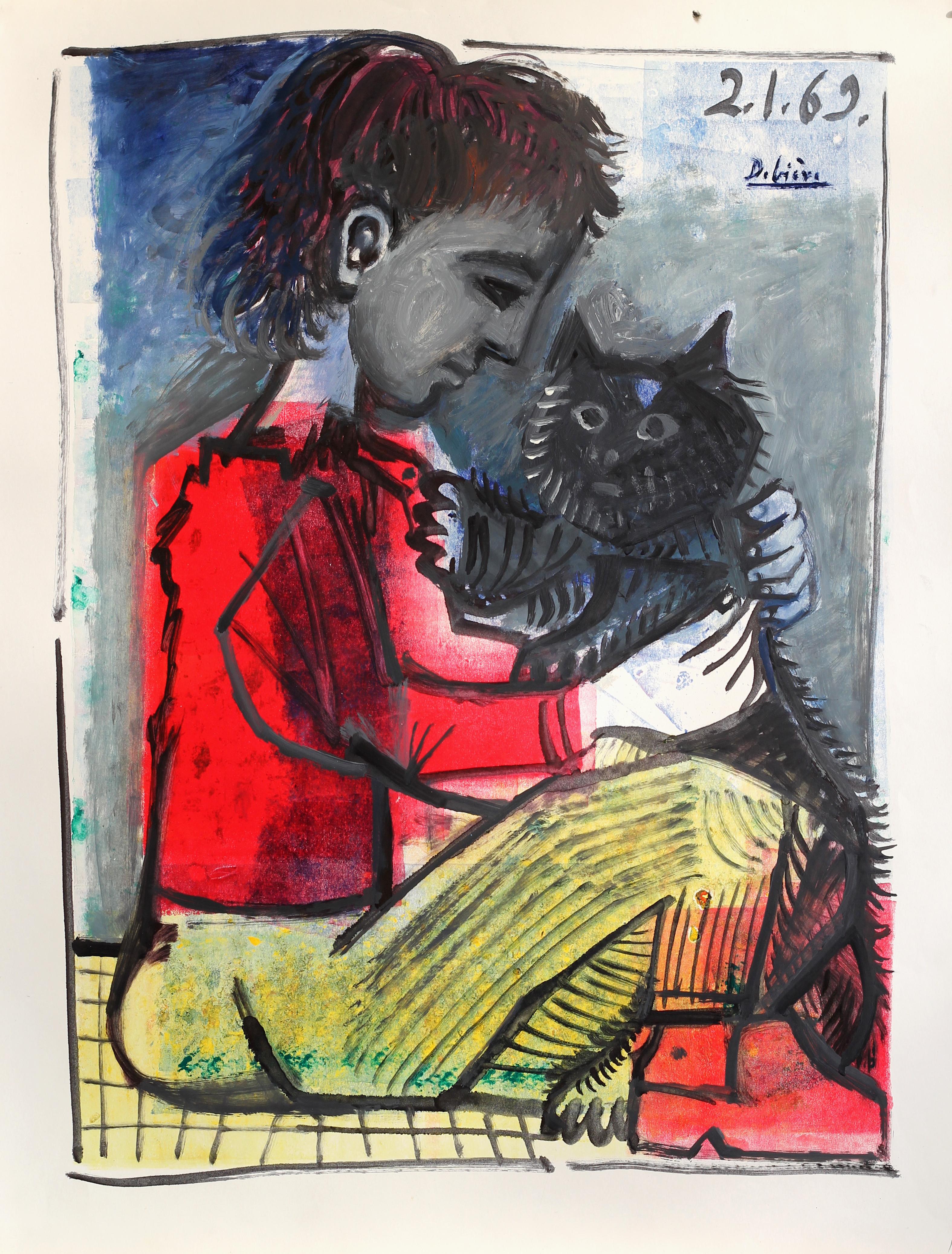 Raymond Debieve Portrait Painting - Cat and boy , Raymond Debiève, unique piece, printer
s and oil paint on paper
