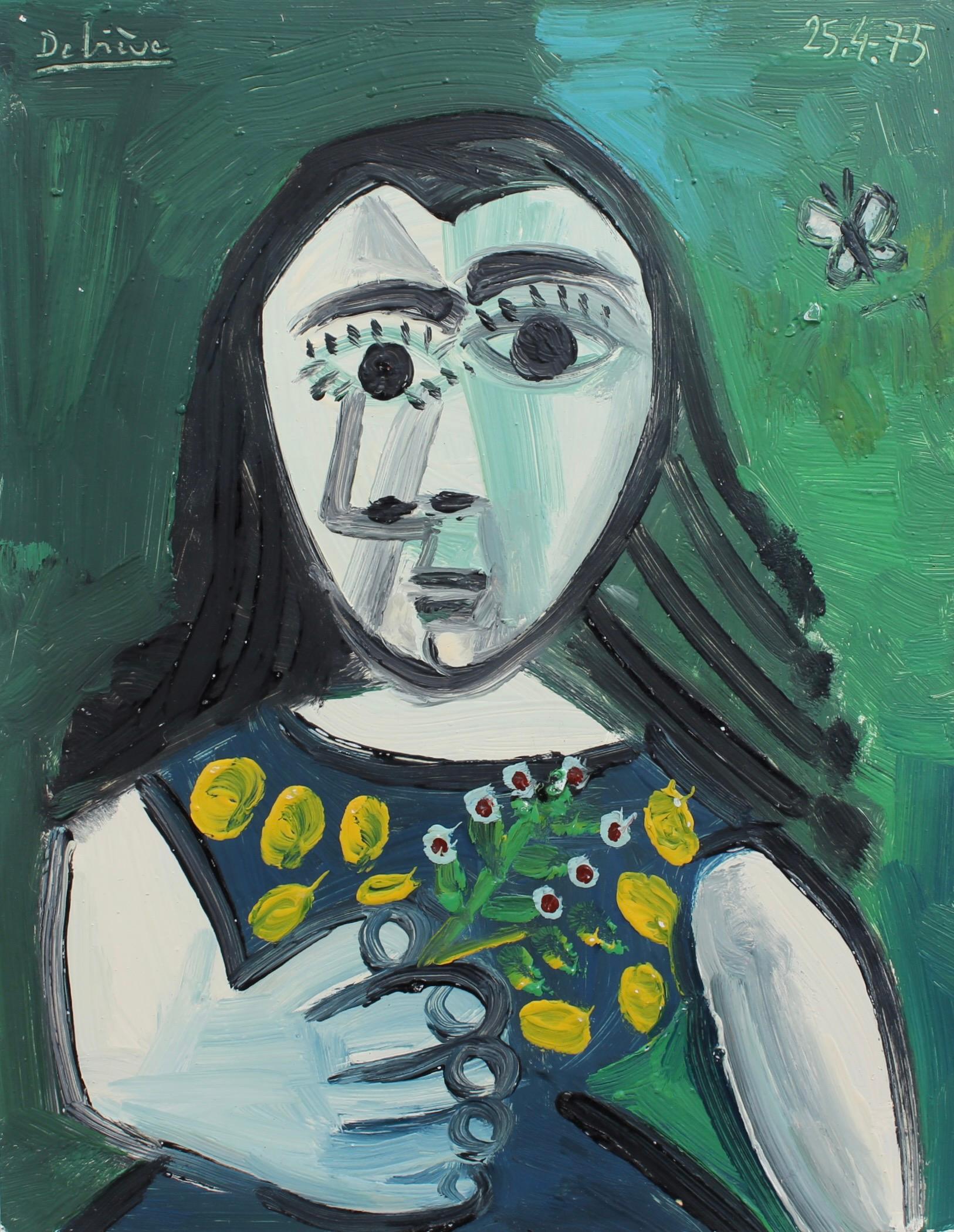 Raymond Debieve Portrait - Cubist Woman with Butterfly