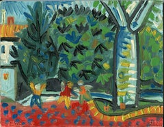 Vintage Dans la cour (2), Oil painting, Contemporary, French Artist Late 20th Century
