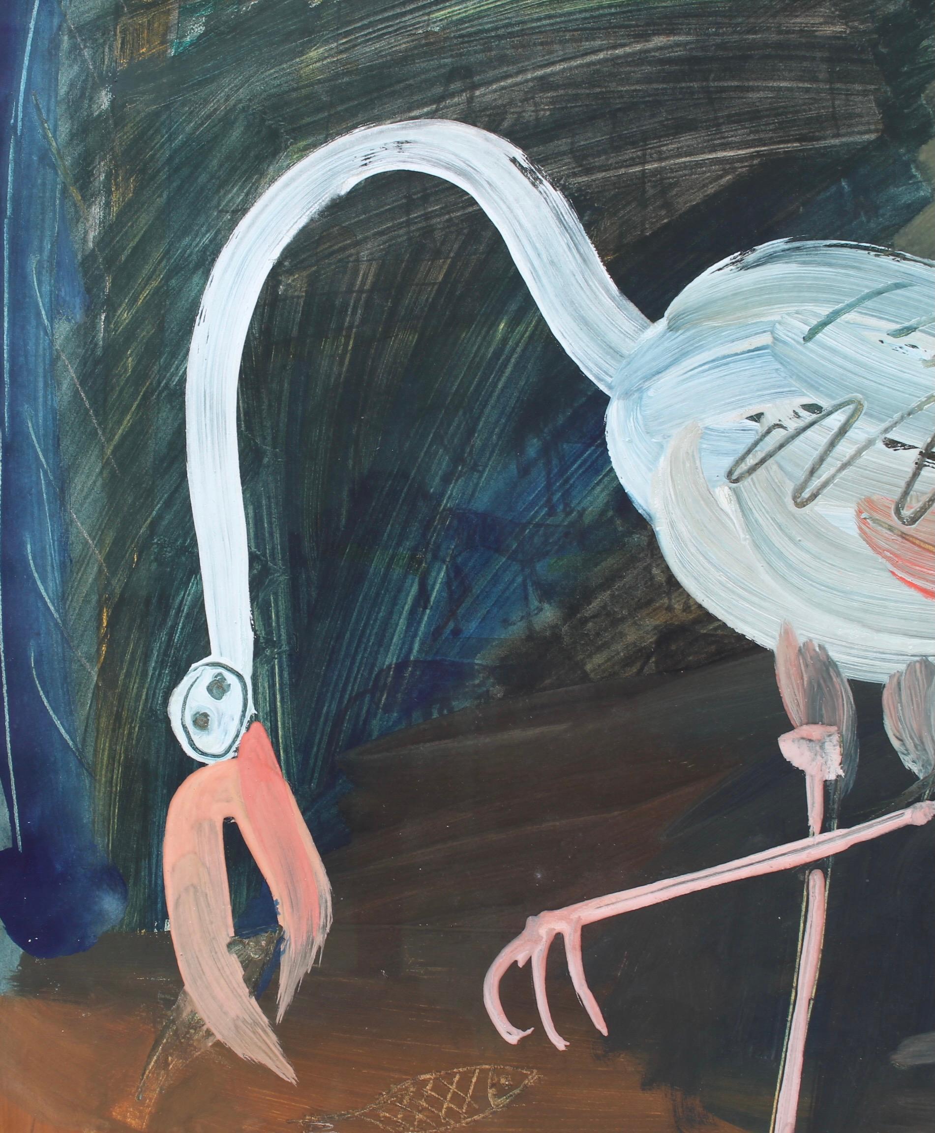 'Flamingo in the Camargue', gouache on art paper, by Raymond Debiève (circa 1960s). A Mid-Century modern depiction of the Camargue region which is a vast, swampy delta near Arles, France, very exotic, with tall marsh grasses where pink flamingos,