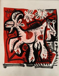 Vintage Flutist and goat in red - Raymond Debiève, unique piece, monotype