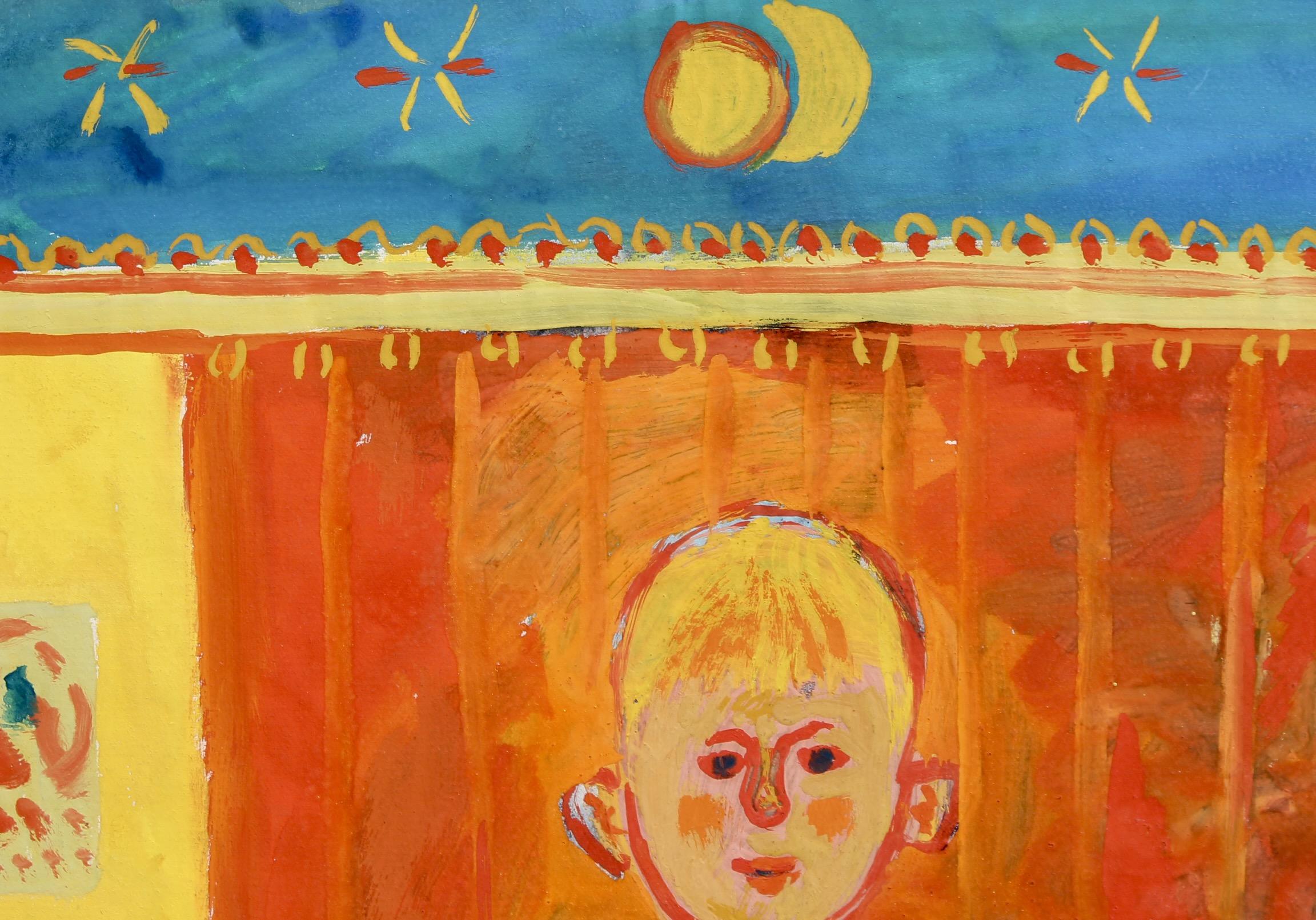 'French Boy in Bloomers', gouache sur papier d'art (circa 1960s-70s), par Raymond Debiève. Un jeune garçon sort d'une cabane de plage, vêtu d'un maillot de bain bloomer qui était encore utilisé dans les années 1960. Peint de manière fantaisiste par