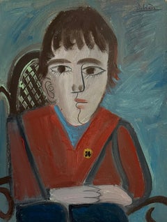 French Boy Portrait Oil Painting, Red Shirt Figure, Mid Century Art