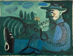 French Figurative Oil Painting, Musician Portrait, European Vintage Art