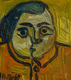 French Figurative Oil Painting, Orange Shirt Portrait, Small Scale