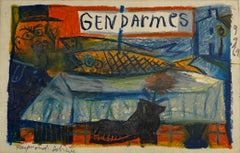 French Figurative Pastel Drawing, Les Gendarmes, Vintage Paper Art
