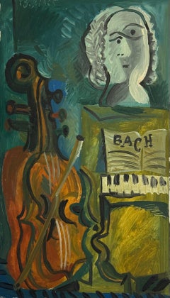 French Musician Portrait Oil Painting, Bach, Mid Century European Art