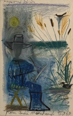 French Oil Pastel Drawing, Figurative Study on Paper, Small Artwork