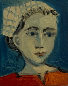 French Portrait Oil Painting, Blue Eyed Girl, Small Scale Figurative Art