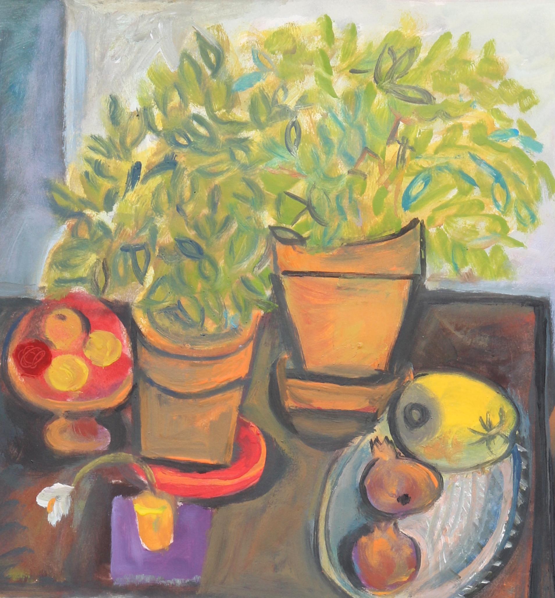 Fruits and books on a plaid tablecloth, unique piece, oil paint on paper, 1989 - Brown Interior Painting by Raymond Debieve