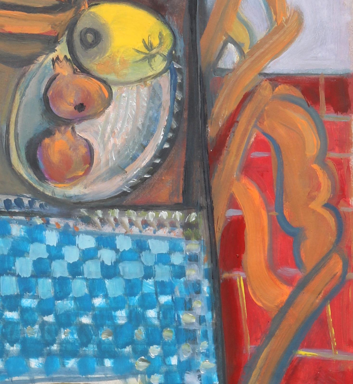 Fruits and books on a plaid tablecloth, unique piece, oil paint on paper, 1989 2