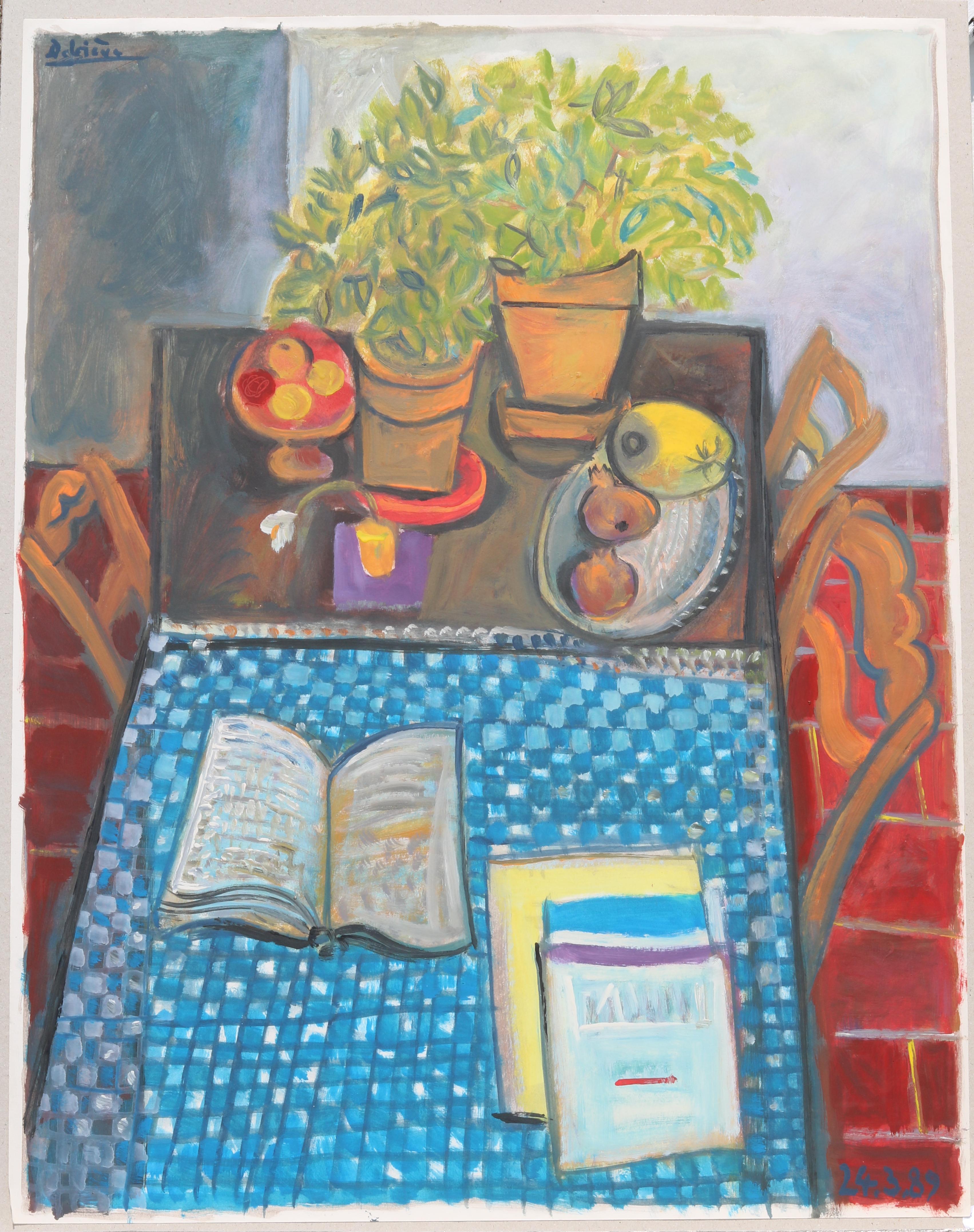 Fruits and books on a plaid tablecloth, unique piece, oil paint on paper, 1989 3