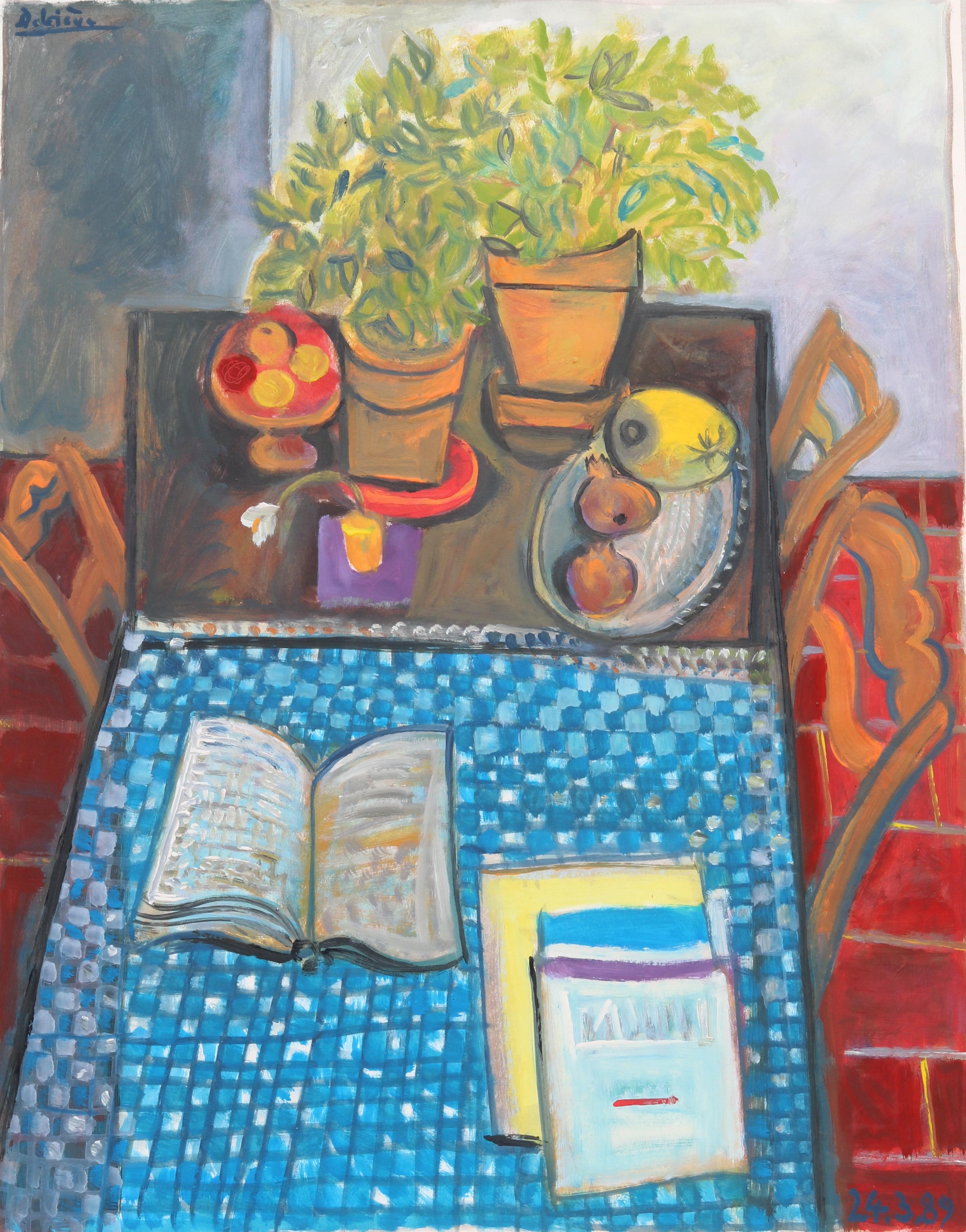 Raymond Debieve Interior Painting - Fruits and books on a plaid tablecloth, unique piece, oil paint on paper, 1989