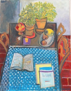 Vintage Fruits and books on a plaid tablecloth, unique piece, oil paint on paper, 1989