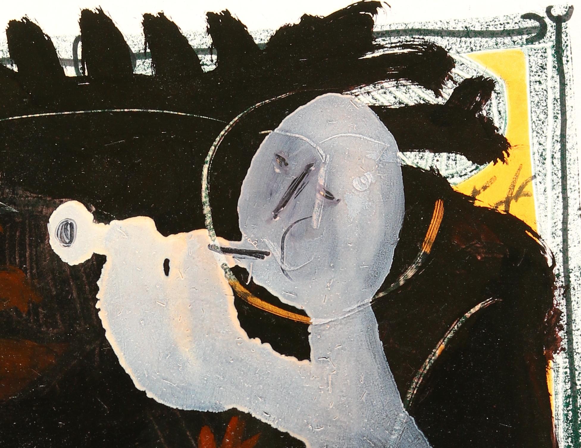 Grey flutist and small goat - Raymond Debiève, unique piece, monotype - Contemporary Painting by Raymond Debieve