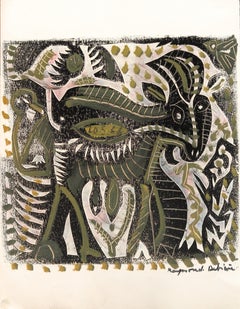 Little green flutist and goat - Raymond Debiève, unique piece, monotype