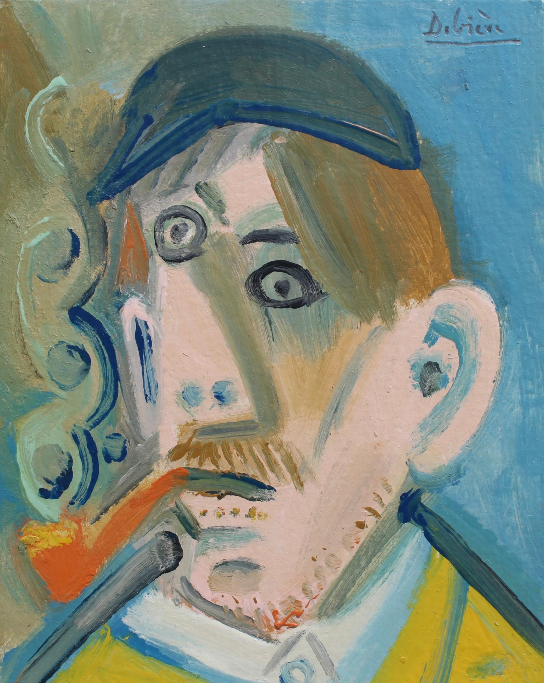 Mann raucht eine Pfeife (Grau), Portrait Painting, von Raymond Debieve