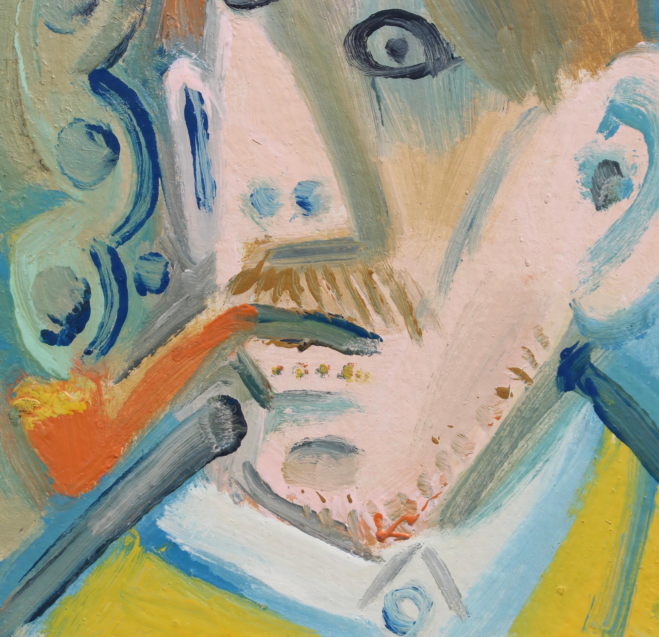 'Man Smoking a Pipe', oil on carton (circa 1960s), by Raymond Debiève. The artist depicts a moustached man puffing on his pipe in his post-cubist style. The identity of the subject is unknown. Picasso's influence is undeniable yet Debiève's own
