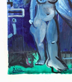 Nu intérieur rouge et bleu, Nude Oil Painting, Contemporary, Late 20th Century