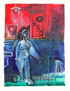 Retro Nu intérieur rouge et bleu, Nude Oil Painting, Contemporary, Late 20th Century