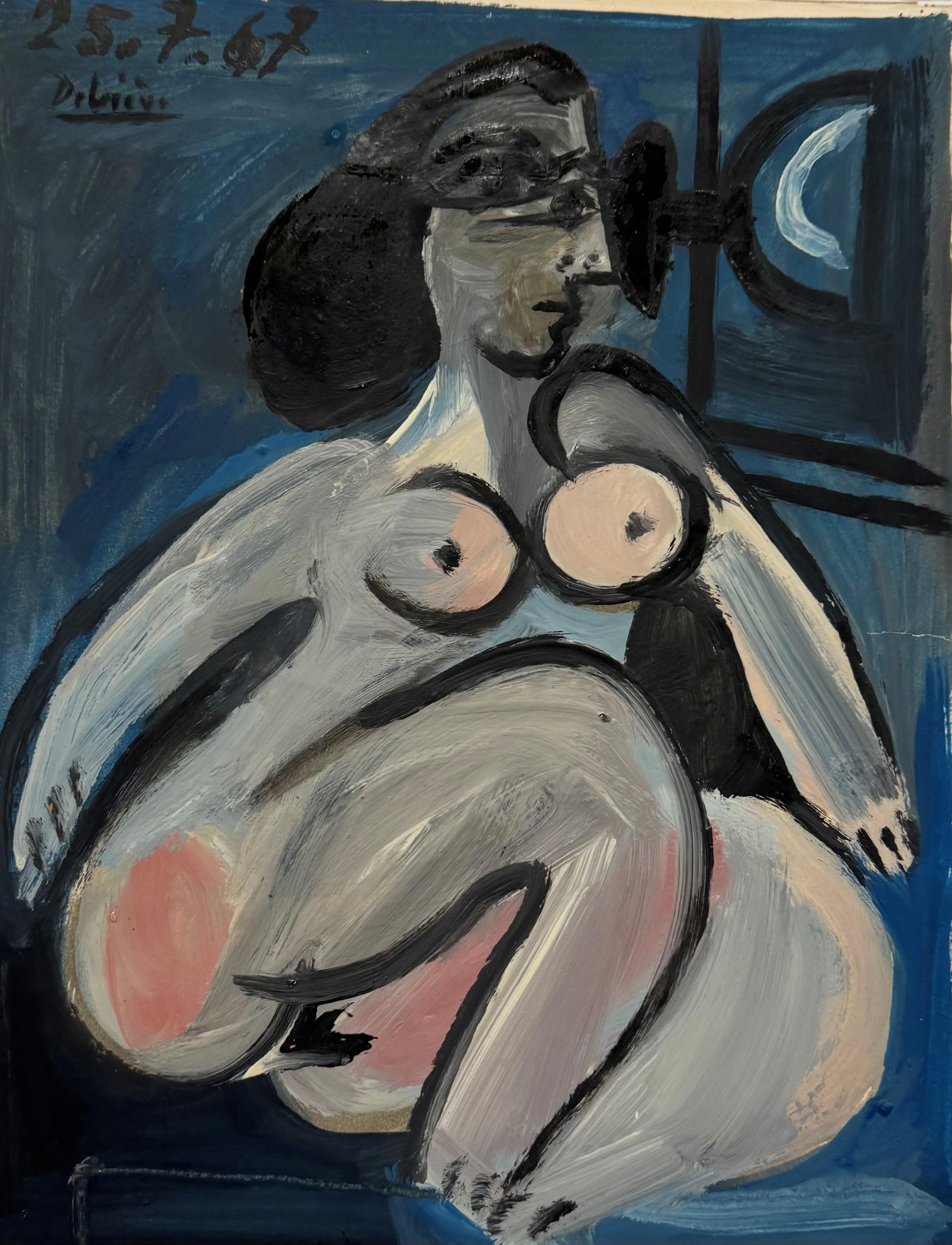 Nue en Bleu et Rose è un'accattivante opera figurativa dell'artista francese Raymond Debiève. Dipinto a olio su carta, questo pezzo di 13 x 10 pollici mostra il caratteristico stile espressivo di Debiève, con pennellate audaci e gestuali e un