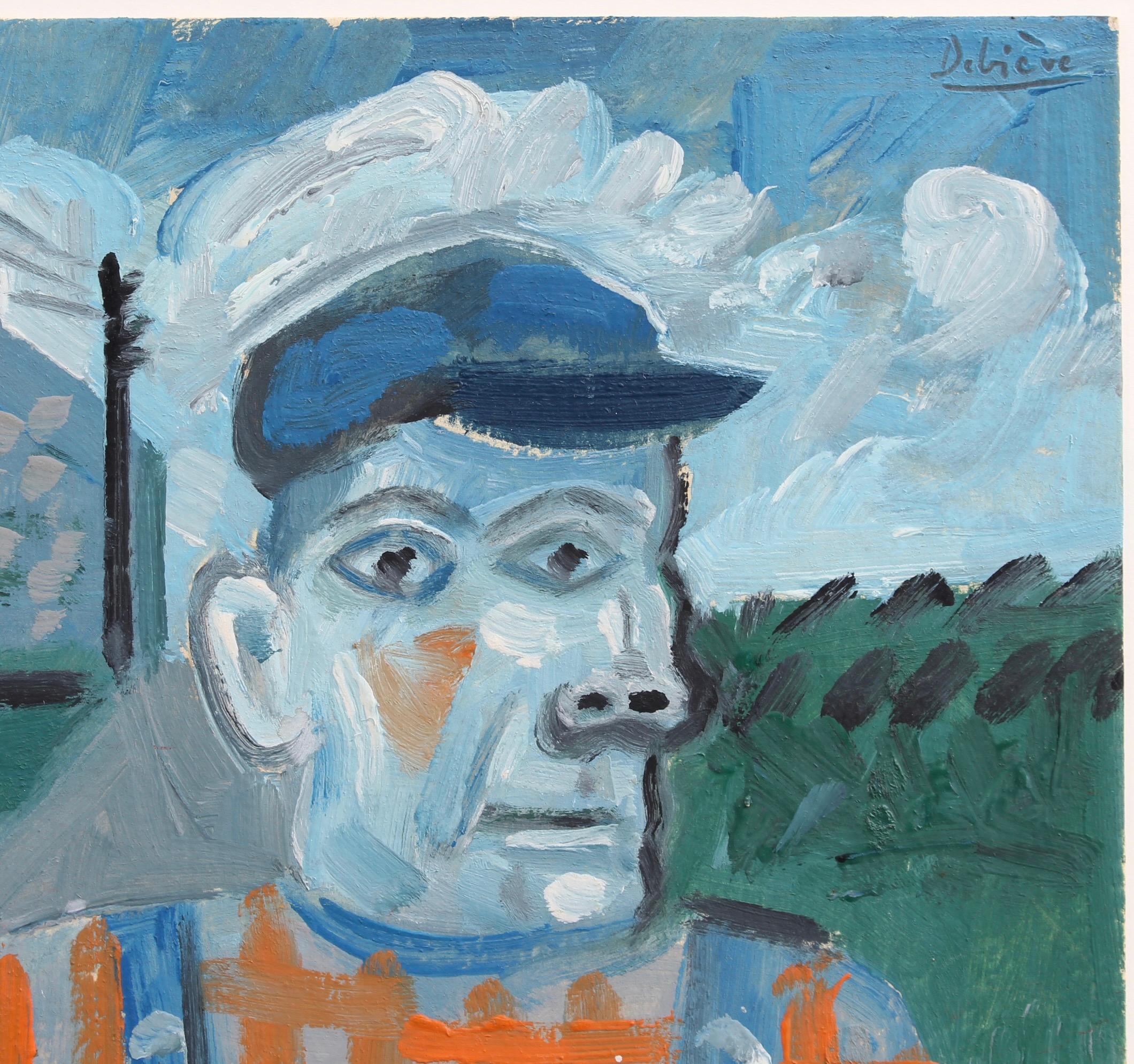 'Outstanding in His Field', oil on cardstock paper, by Raymond Debiève, 1976. The artist depicts a salt-of-the-earth farmer seated on a fence post, arms crossed with a look of wholehearted satisfaction. The artist often painted figures he met in the