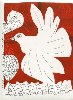 Vintage Pigeon on red background, Raymond Debiève, unique piece, monotype