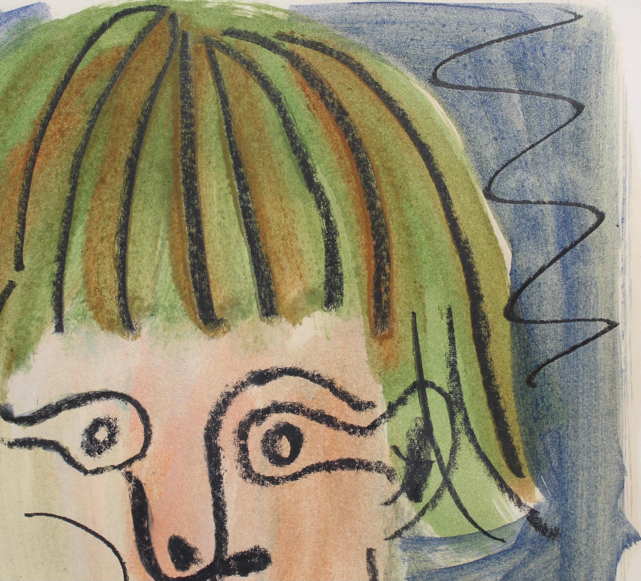 'Portrait of a Girl', gouache and crayon on fine paper (1966), by Raymond Debiève (1931 - 2011). Here the artist paints a young girl with blond hair in his post-cubist style. Clearly this is an affectionately-created portrait of someone close to