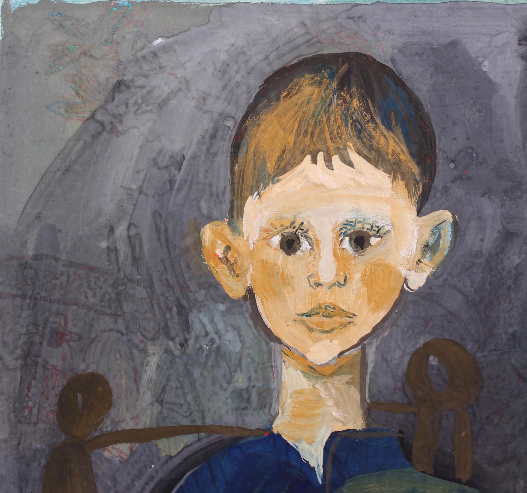 'Portrait of Boy in a Chair', gouache on art paper, by Raymond Debiève (circa 1960s). Here the artist paints a young boy, very probably his son, Vincent, sitting in a chair posing for the artist. In Debiève's artistic style, Picasso's influence is
