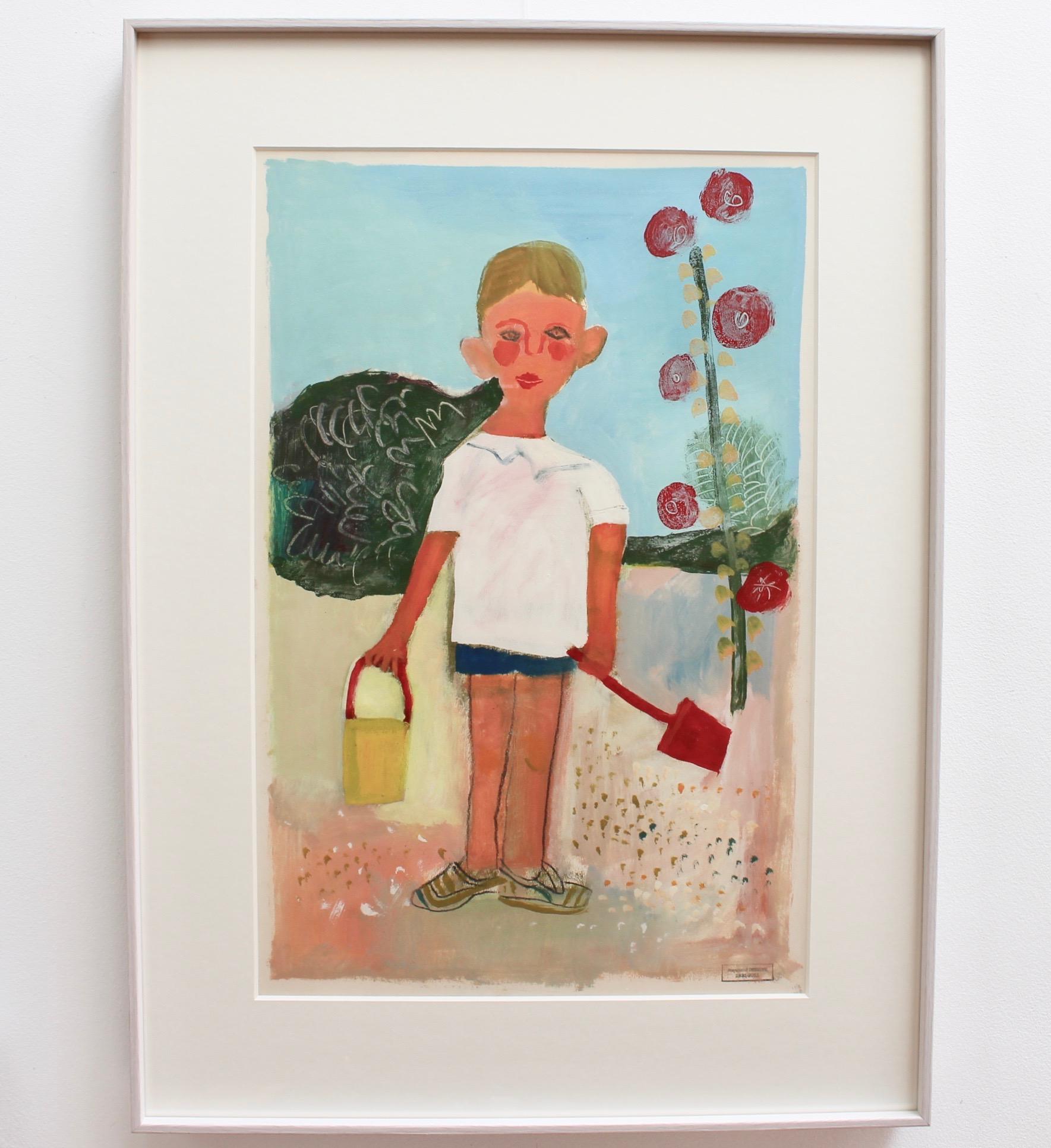 Portrait of Boy with Pail and Shovel - Painting by Raymond Debieve