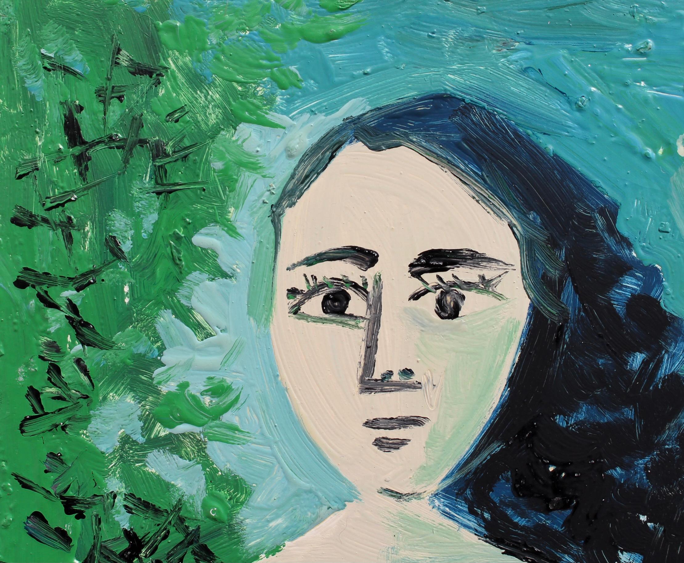 Portrait of Woman in the Garden - Blue Portrait Painting by Raymond Debieve