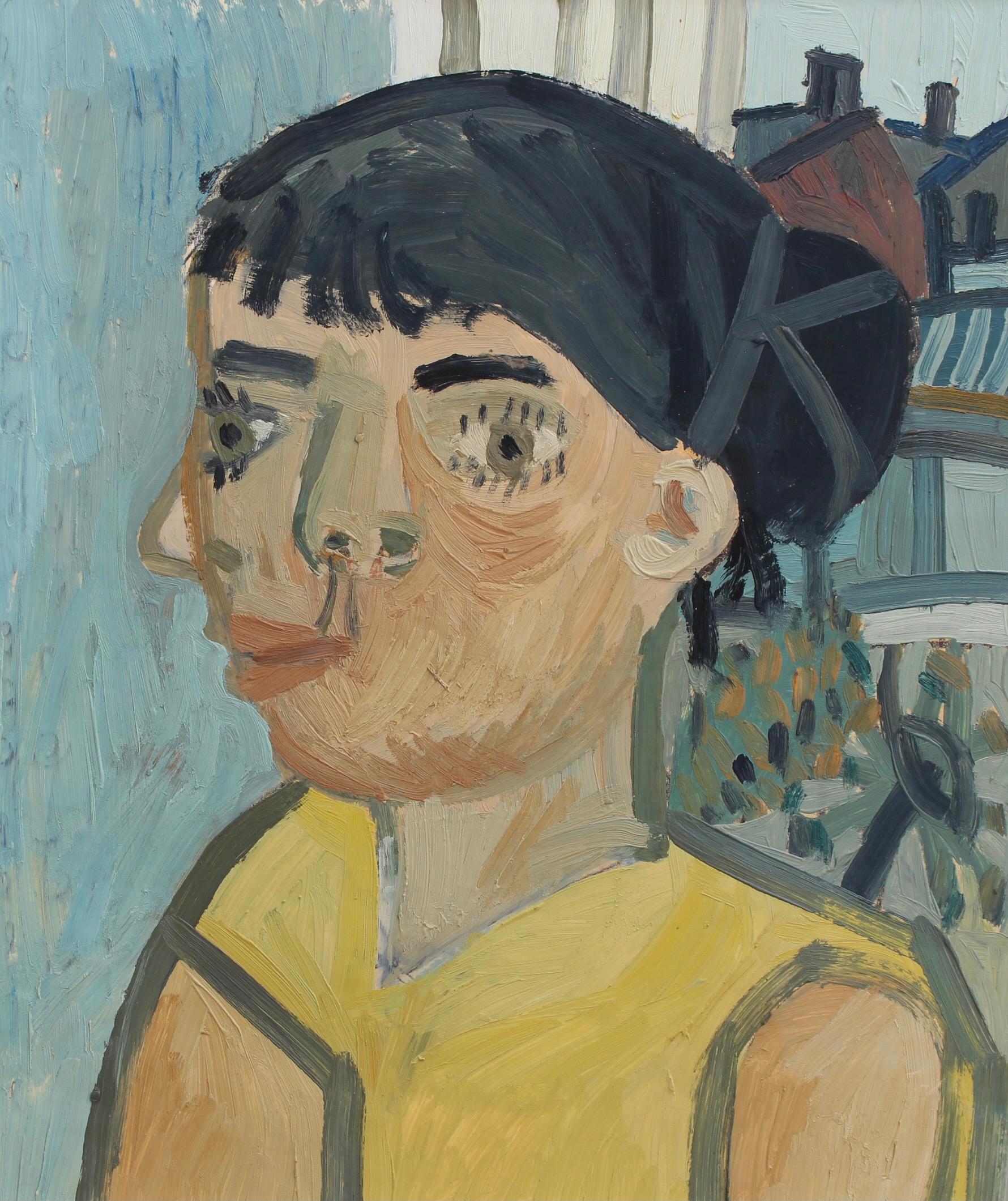 Spiegelporträt einer Frau in Gelb (Moderne), Painting, von Raymond Debieve