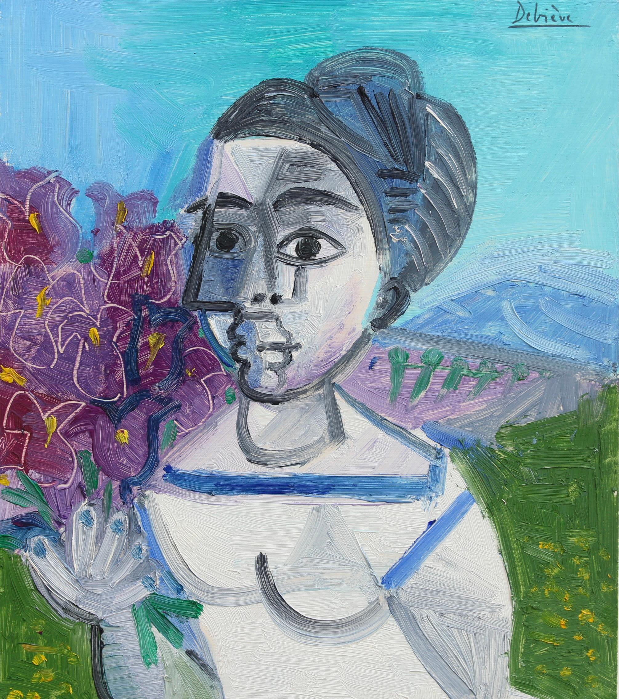 'Portrait of Woman with Irises', oil on cardstock paper (1976), by Raymond Debiève. Here the artist paints a young woman holding a bunch of enchanting iris flowers in his post-cubist style. Behind her is a green, hilly field and further mounts in