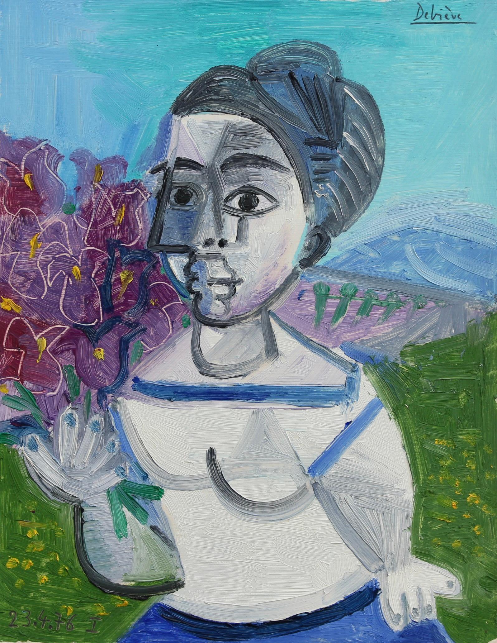 Ritratto di donna con iris - Painting di Raymond Debieve
