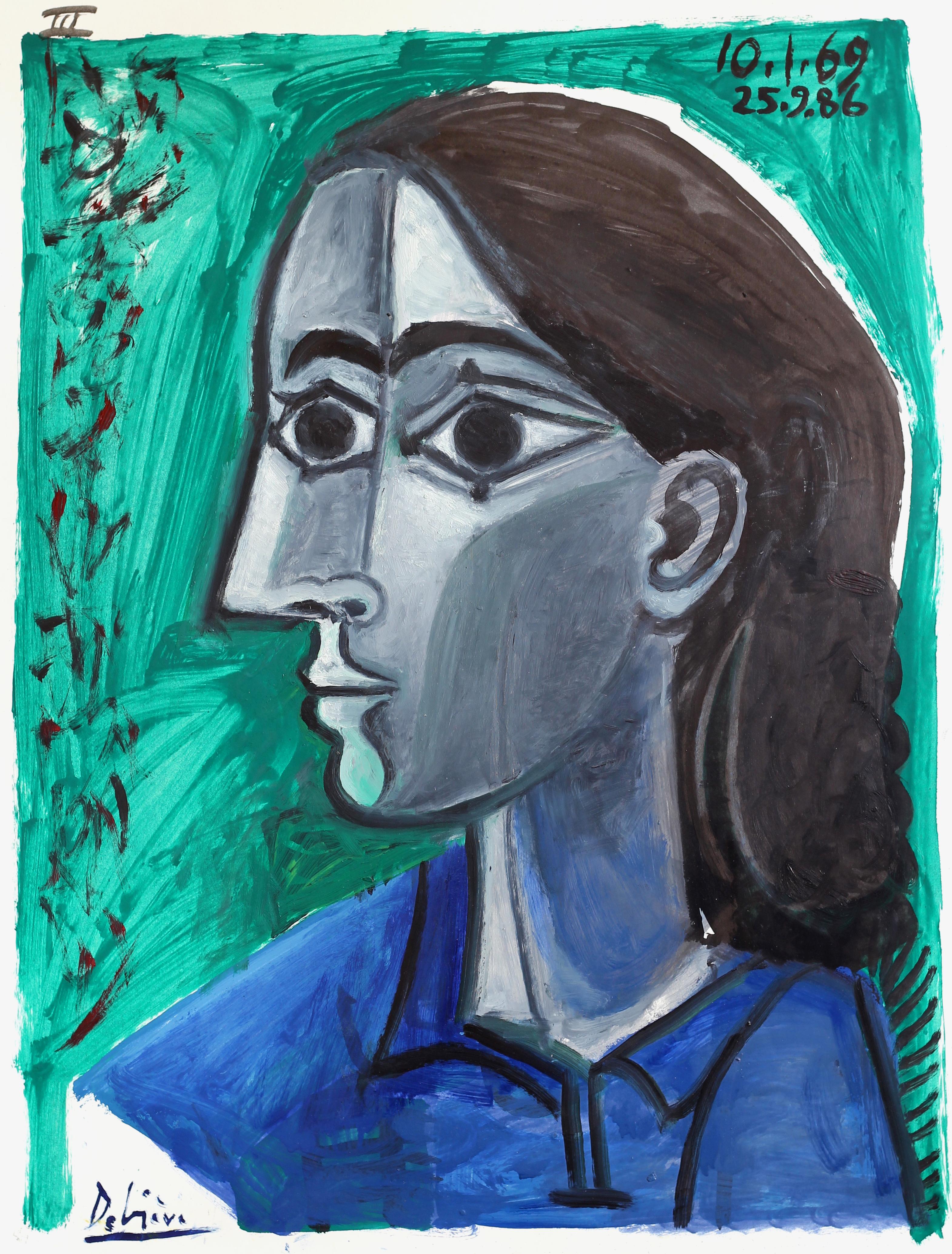 Raymond Debieve Portrait Painting - Portrait with brown hair, unique piece, printer's ink and oil paint on paper