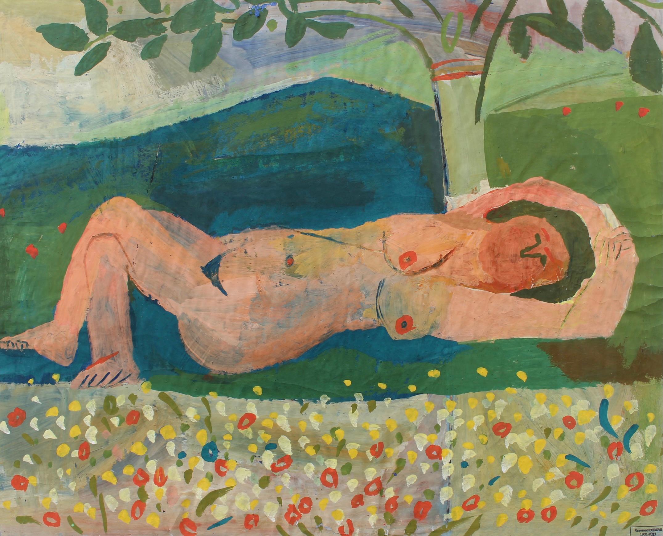 'Reclining Nude en Plein Aire', gouache on art paper, by Raymond Debiève (circa 1960s). The reclining figure is one of the most popular poses in art history. It is firmly embedded within western and eastern art historical traditions. The reclining
