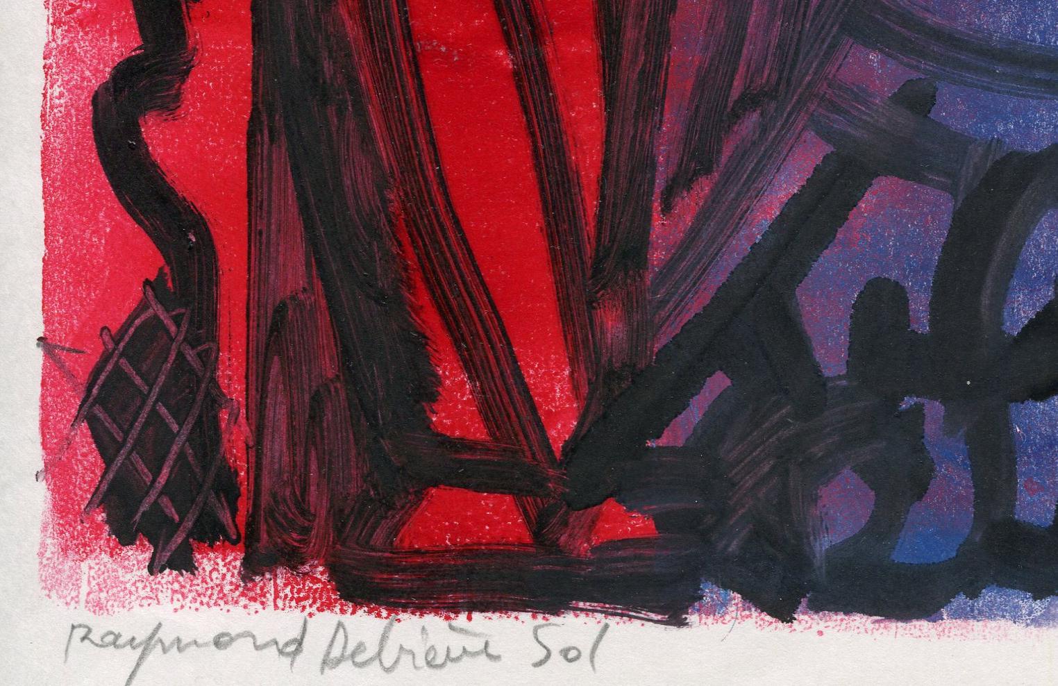 Red and blue owl - Raymond Debiève, unique piece, monotype - Painting by Raymond Debieve